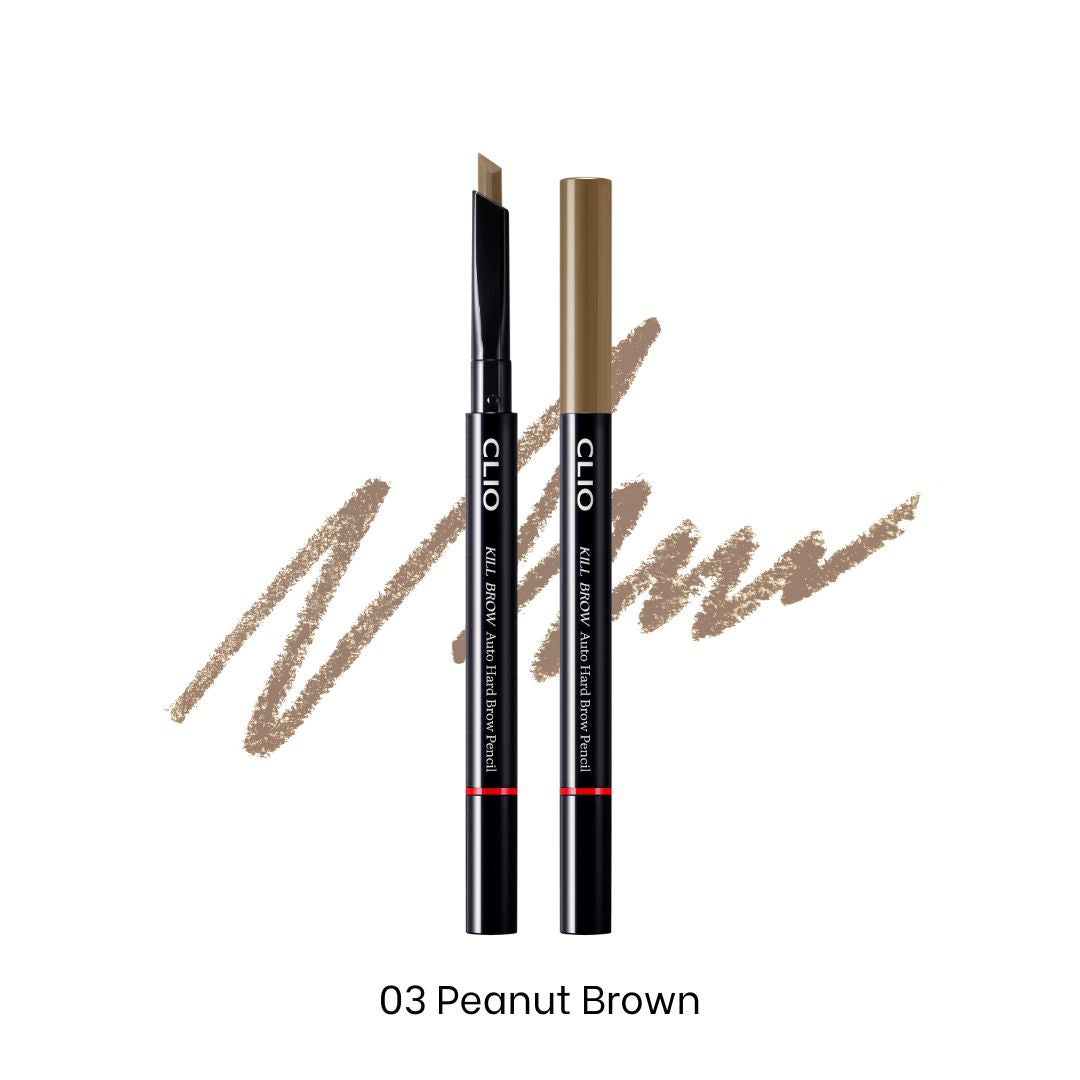Clio Kill Brow Auto Hard Brow Pencil in peanut brown, natural-looking eyebrow pencil with precise tip for shaping and defining eyebrows.