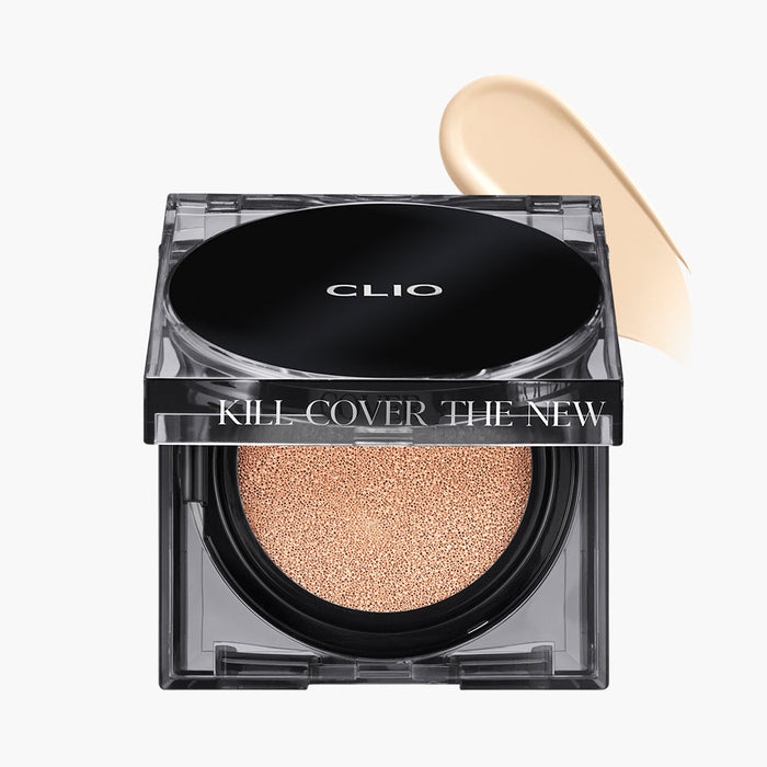 Clio Kill Cover The New Founwear Cushion foundation with refill in a sleek padded case, featuring a compact and portable design.
