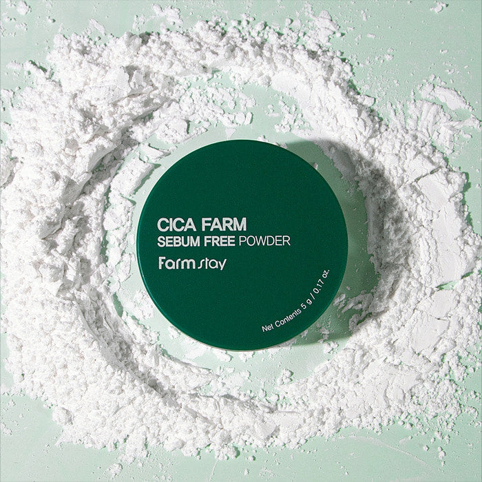 Farmstay Cica Farm Sebum Free Powder setting powder in 5g container, lightweight and soothing for oily skin, with natural ingredients.