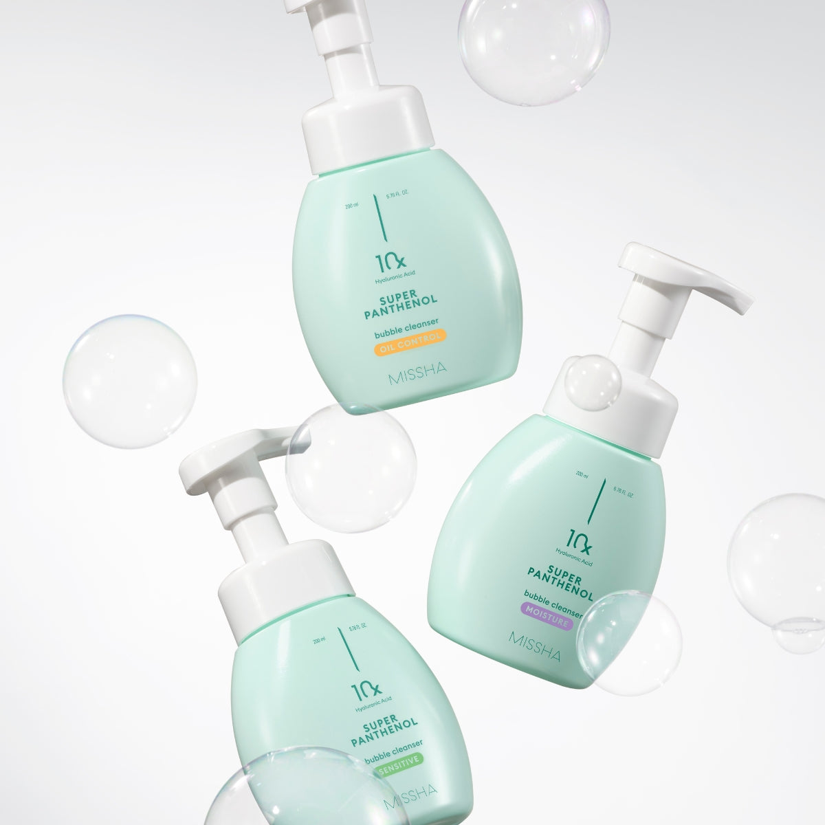 Missha Super Panthenol Bubble Cleanser Sensitive gel and foam cleanser in a 200ml bottle, showing foaming action and gentle formula.