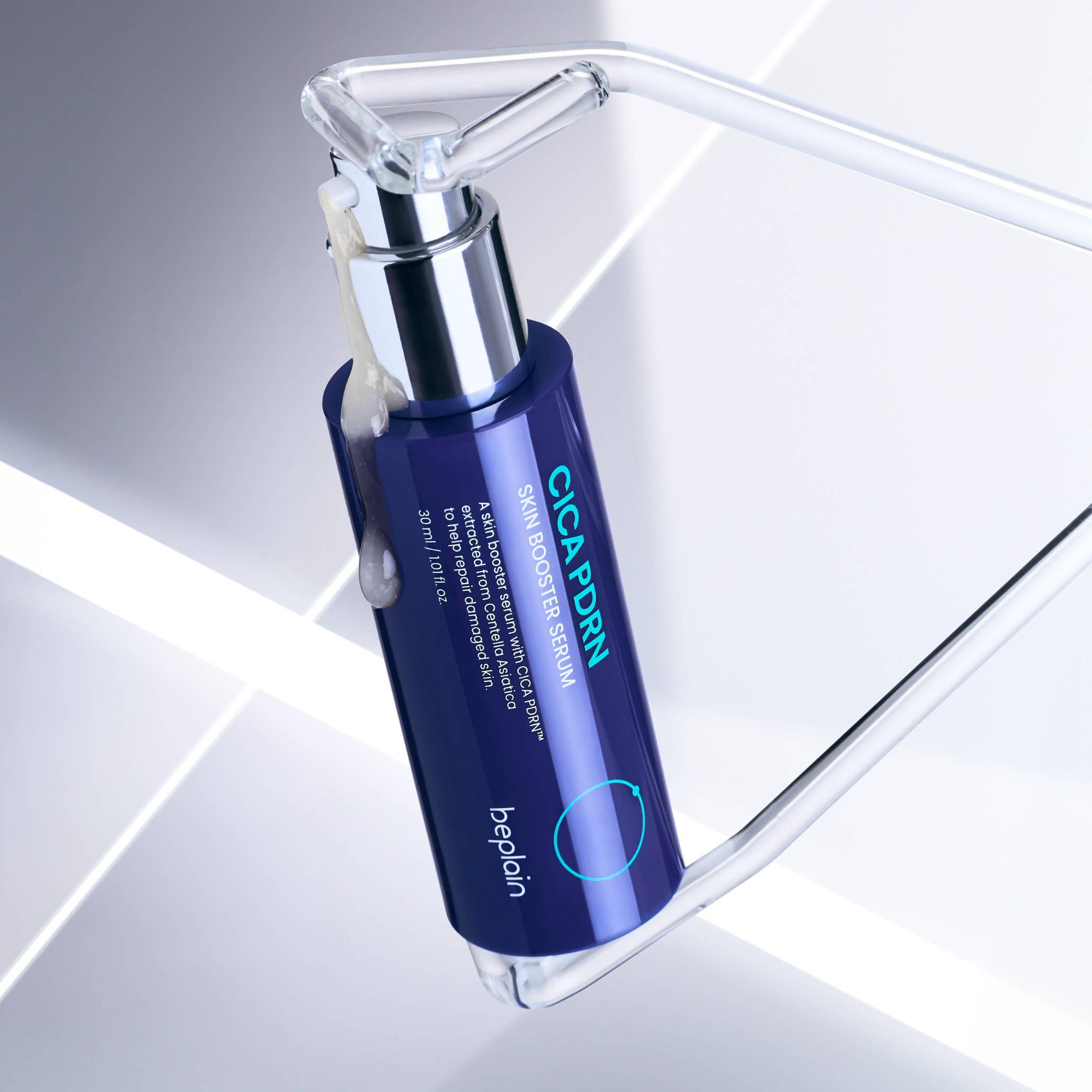 Beplain CICA PDRN Skin Booster Serum 30ml bottle with pump dispenser, clear glass container with white label.