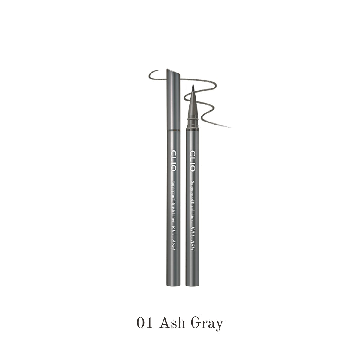 Clio Superproof Brush Liner Kill Ash liquid eyeliner with precise brush tip, dark ash gray color, suitable for detailed eye makeup.