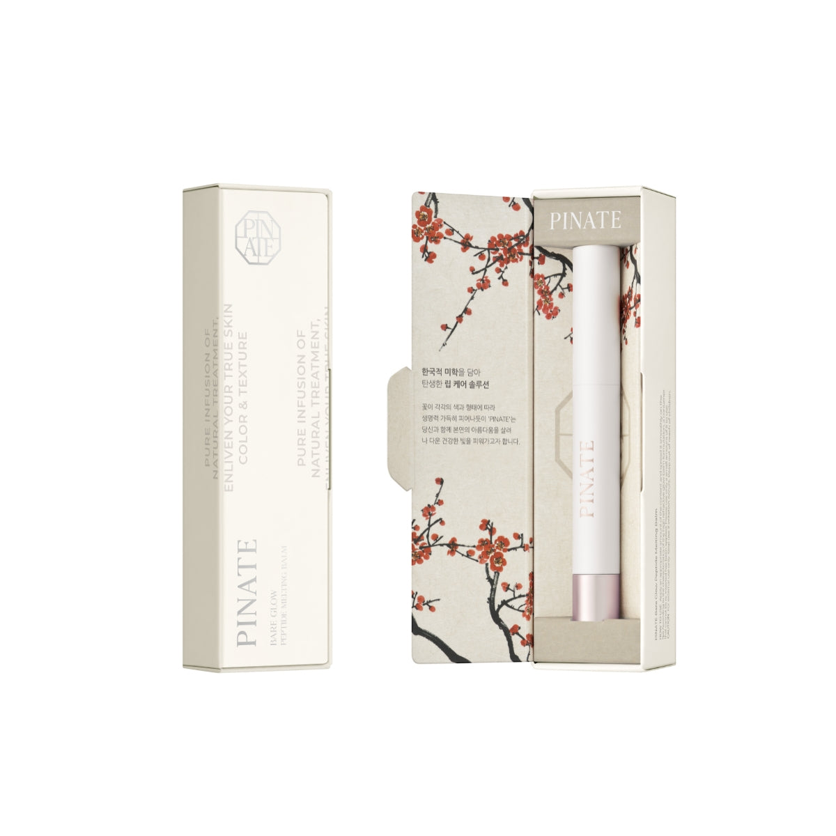 Pinate Bare Glow Peptide Melting Balm lipstick in a sleek lipstick tube, showing a soft, natural lip color.