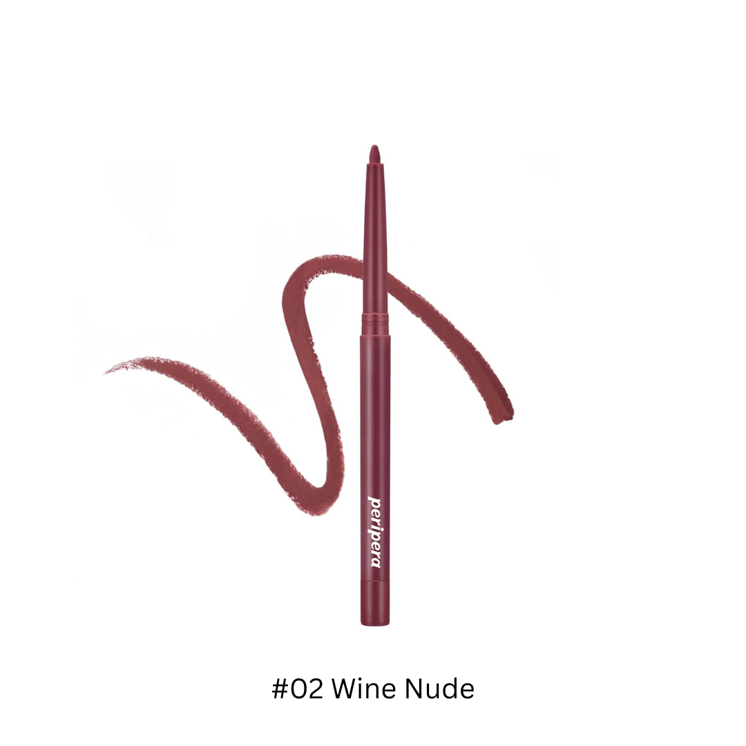 Peripera Ink Velvet Lip Liner in a sleek black pencil with a sharp tip, designed for precise lip contouring and definition.