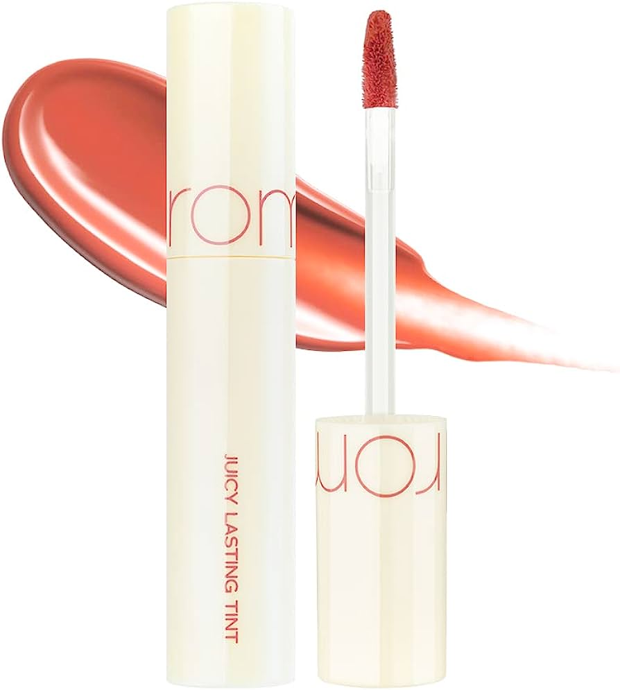 Rom&nd Juicy Lasting Lip Tint in shade 41po, showing a close-up of the vibrant, glossy lip tint applied to lips.