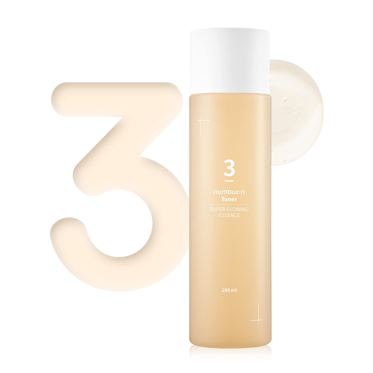 Numbuzin No.3 Super Glowing Essence Toner 200ml bottle, clear liquid in a sleek skincare toner container.