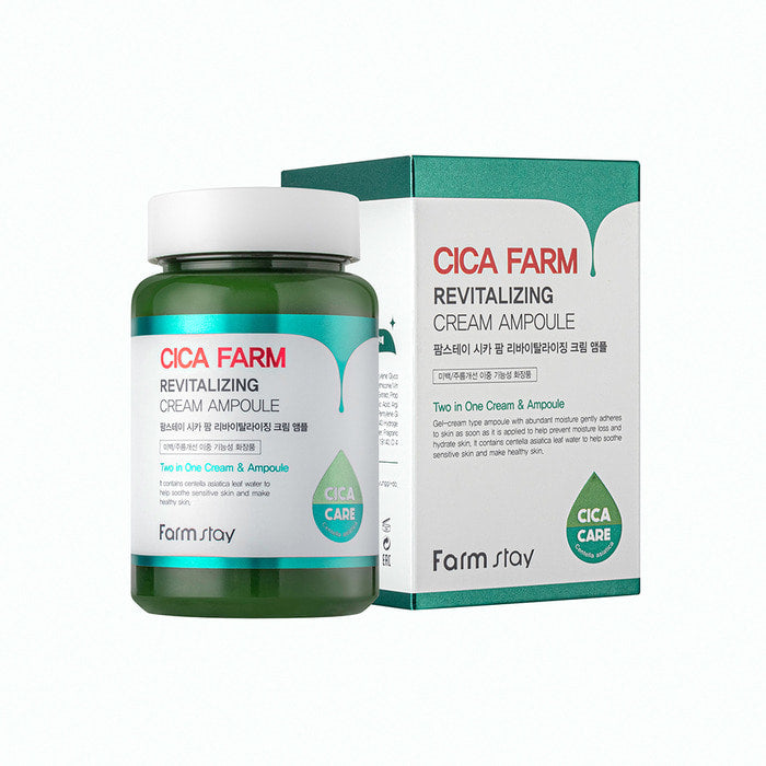 Farmstay Cica Farm Revitalizing Cream Ampoule in 250ml bottle, showing the ampoule with fresh, natural ingredients.