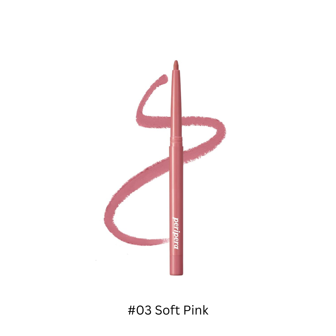 Peripera Ink Velvet Lip Liner in shade 42, close-up of the black pencil tip and vibrant lipstick swatch on skin.
