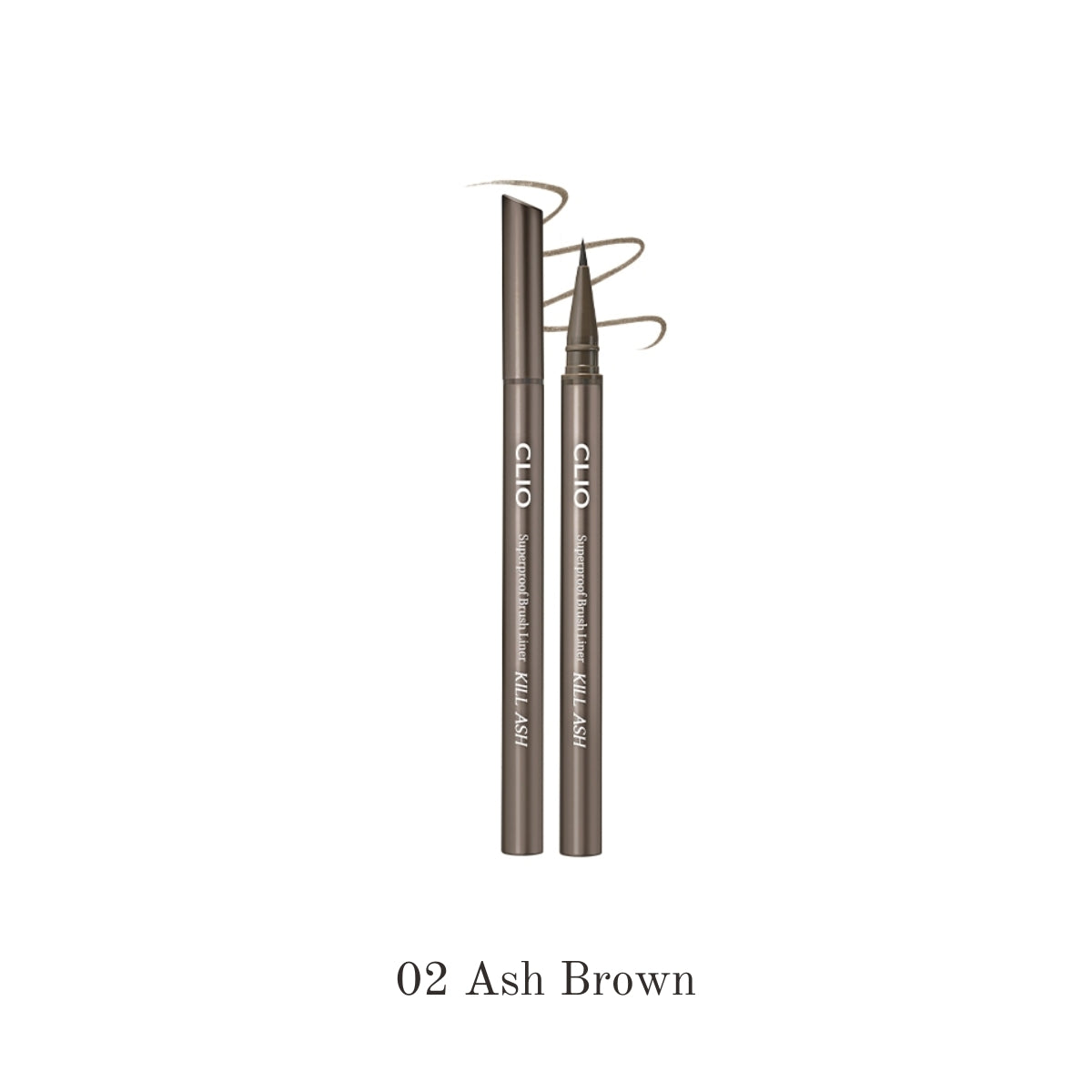 Clio Superproof Brush Liner Kill Ash liquid eyeliner with precise brush tip, black shade, designed for defining eye looks.