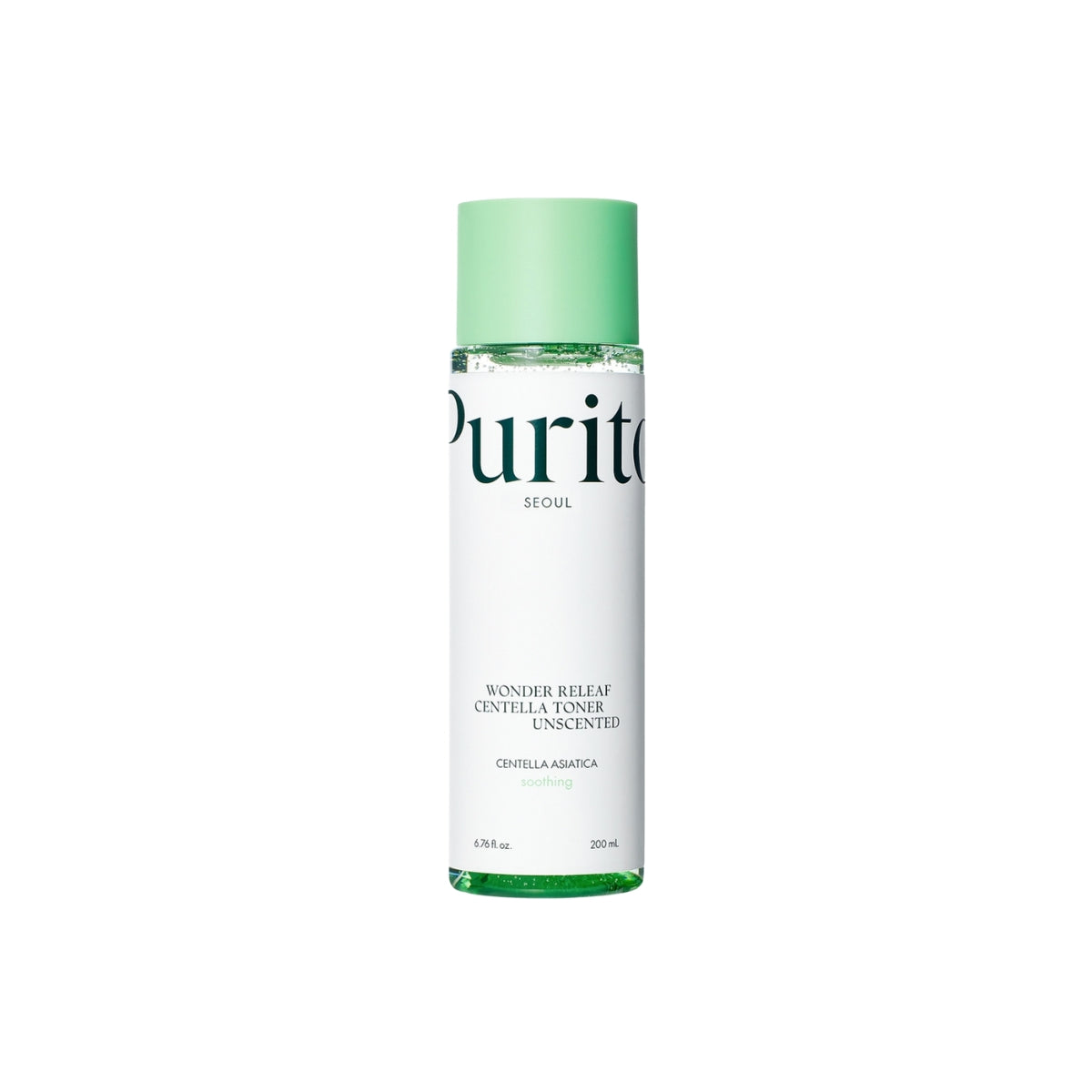Purito Seoul Wonder Releaf Centella Toner Unscented bottle with clear label, placed on a white surface, showcasing the product packaging.