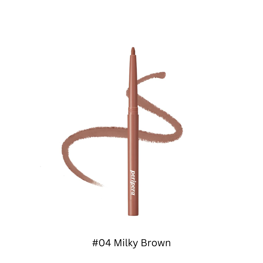 Peripera Ink Velvet Lip Liner in shade 43, close-up of the brown pencil with the cap removed, showing the product tip.