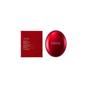 TIRTIR Mask Fit Red Mini Cushion foundation with compact case and applicator sponge, displayed on a neutral background