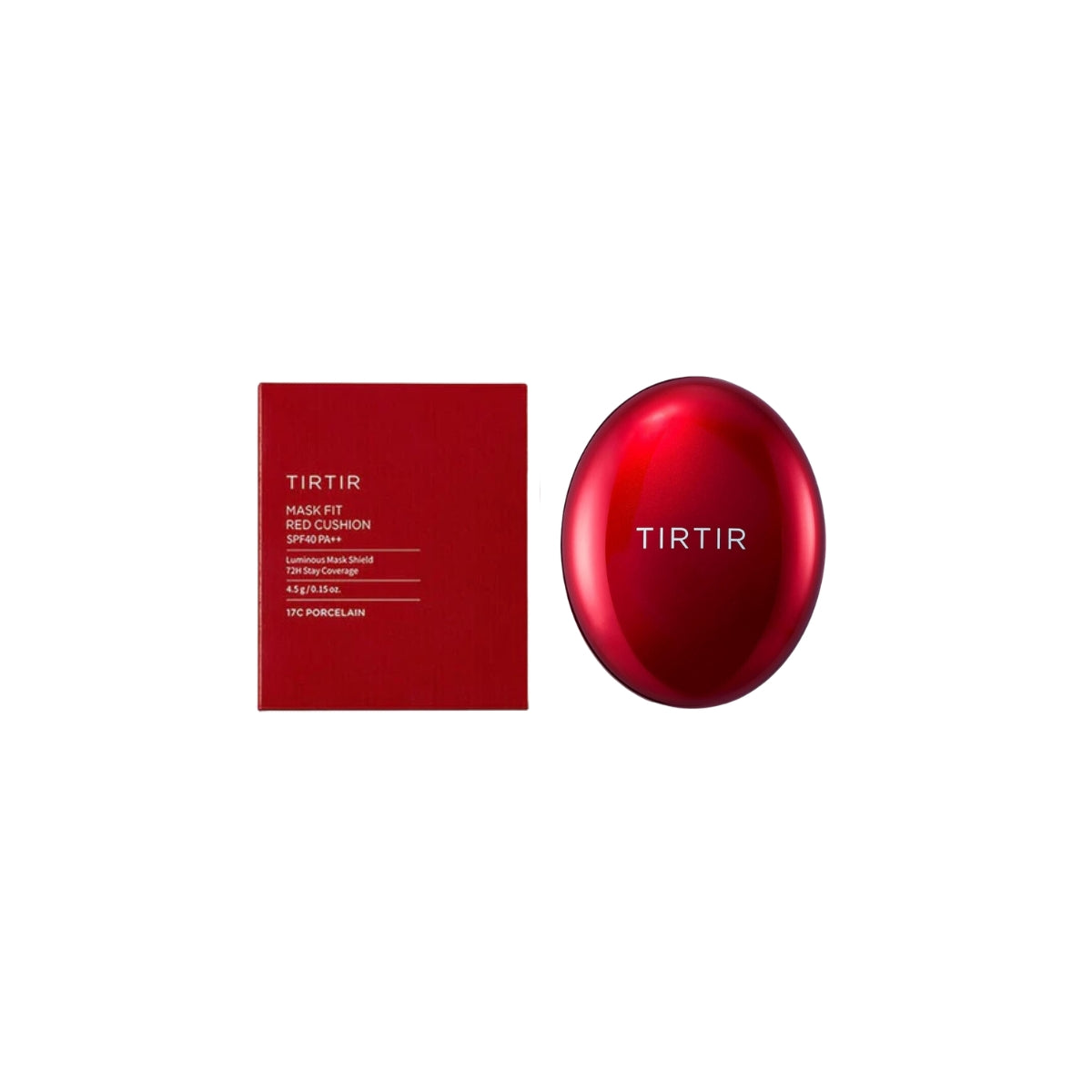TIRTIR Mask Fit Red Mini Cushion foundation with compact case and applicator sponge, displayed on a neutral background