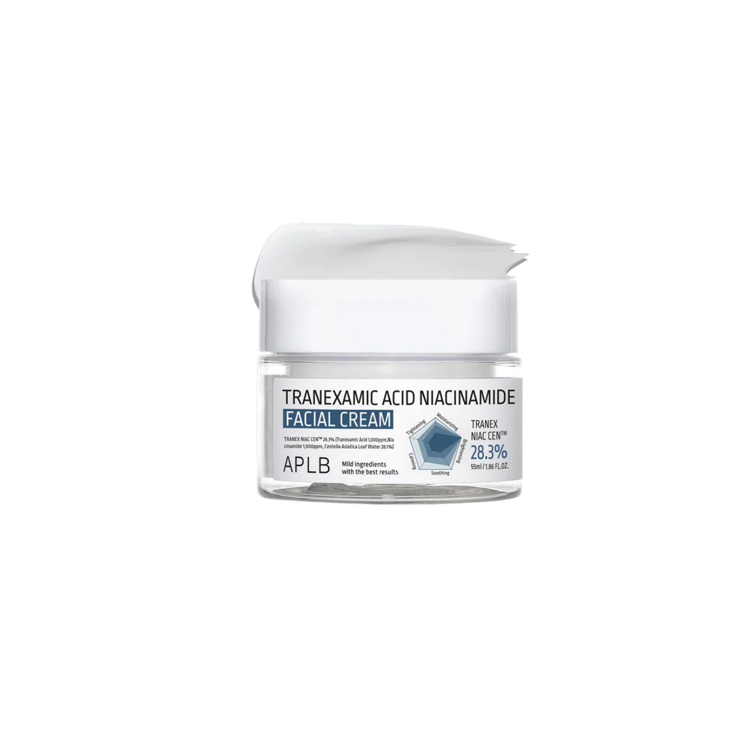 APLB Tranexamic Acid Niacinamide Facial Cream in 55ml jar, moisturizing face cream with brightening and skin tone evening properties.