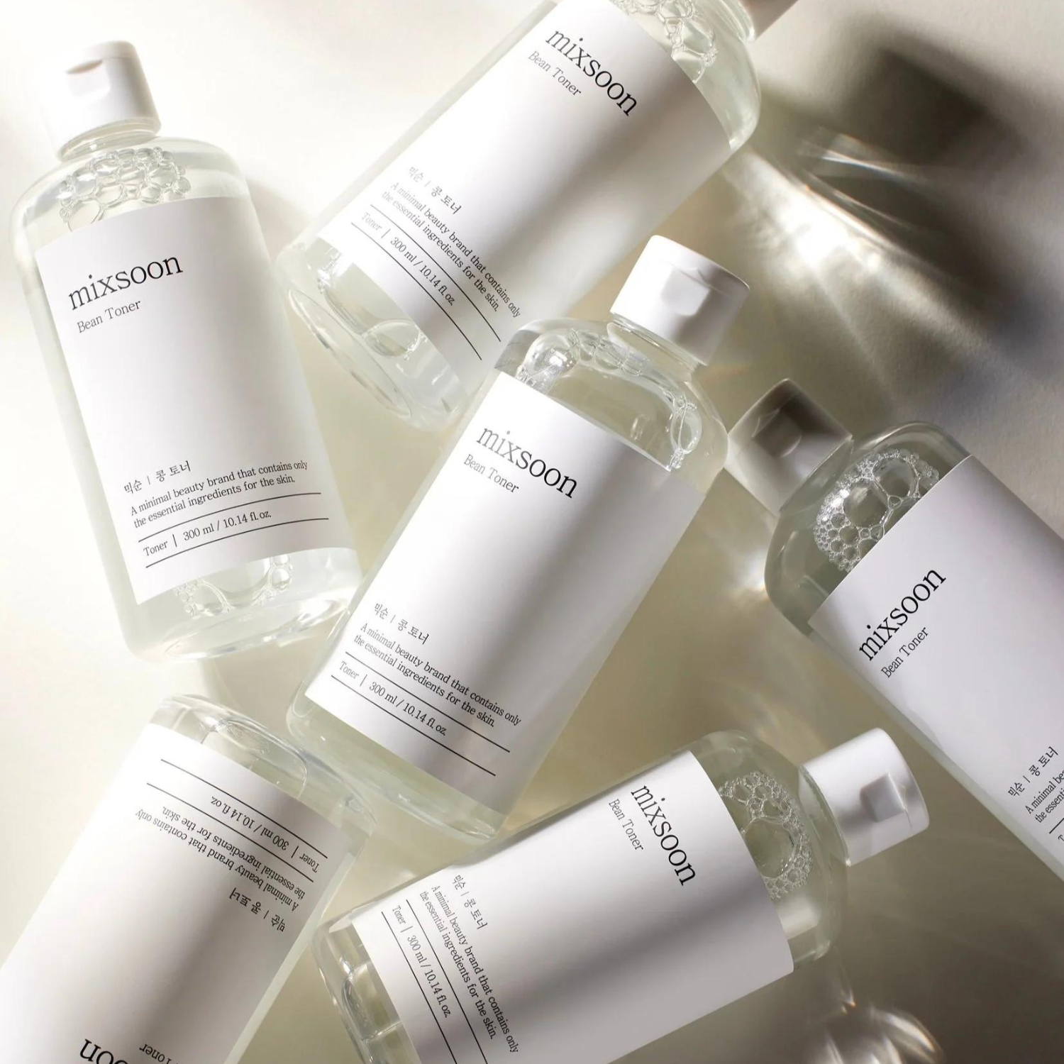 Mixsoon Bean Toner 300ml bottle with clear label, featuring a simple design and white cap, on a plain background.
