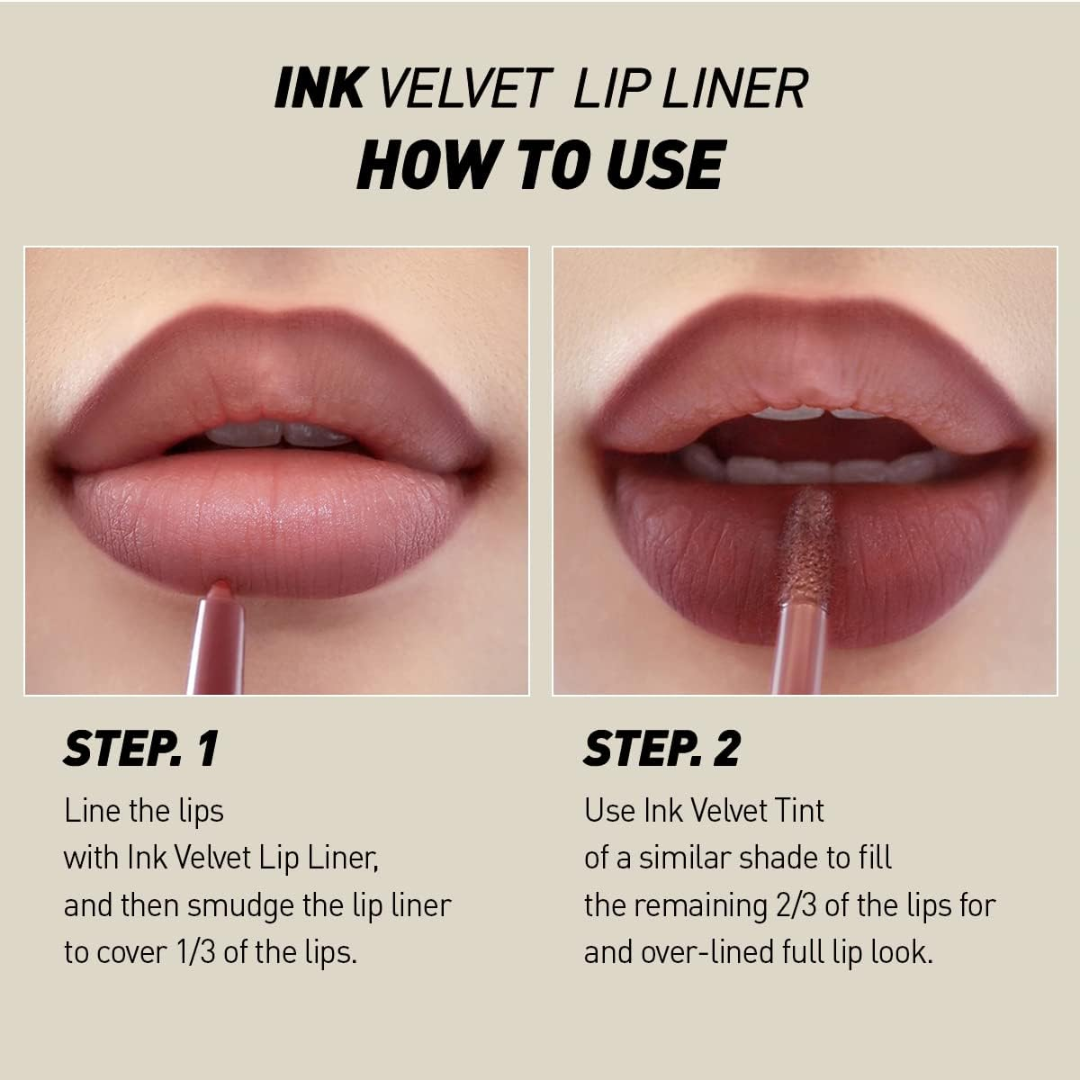 Peripera Ink Velvet Lip Liner in a sleek pencil, with a close-up of the dark brown shade and pointed tip for precise application.