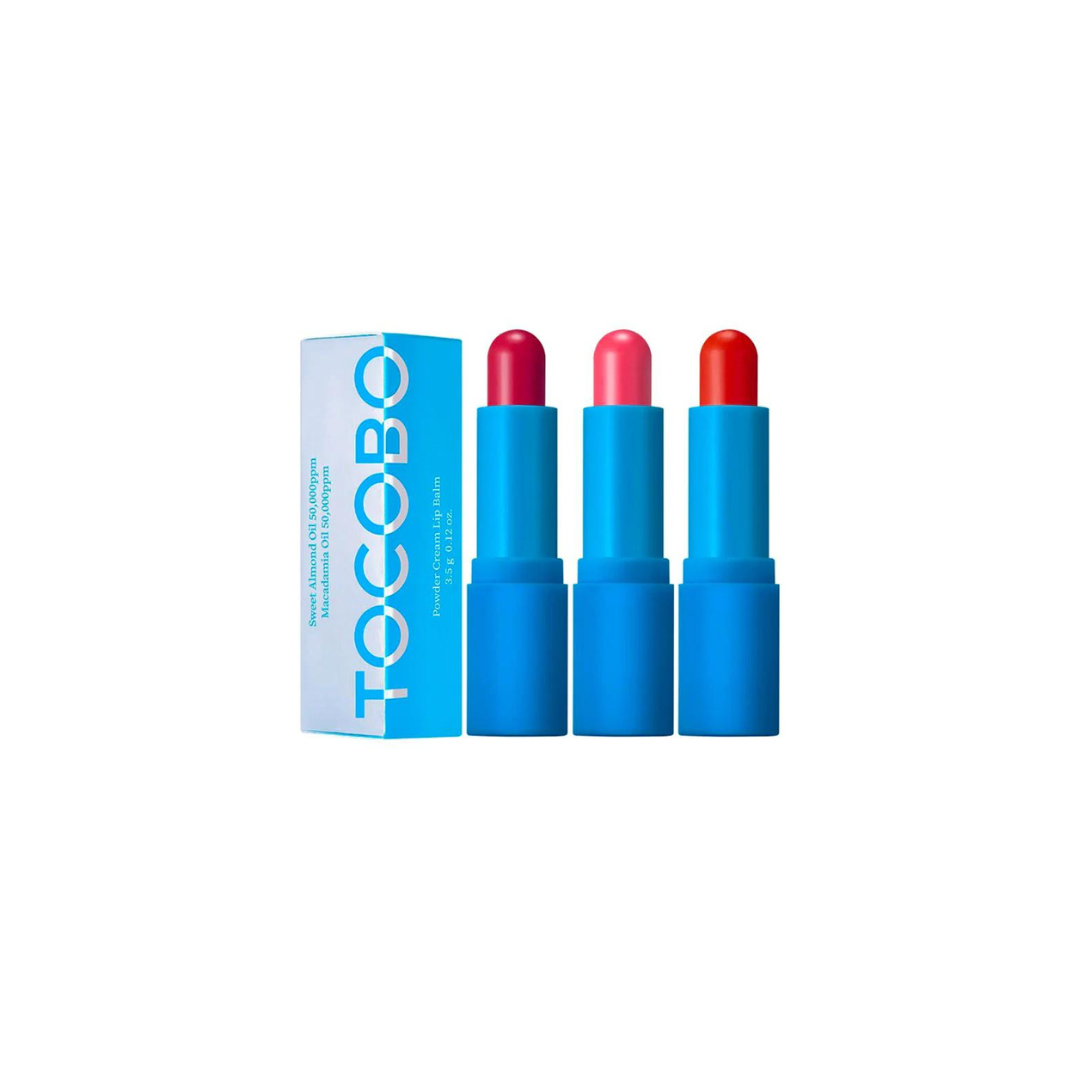 TOCOBO Powder Cream Lip Balm 3.5g in two colors, featuring smooth, hydrating lip care with a creamy texture and natural finish.