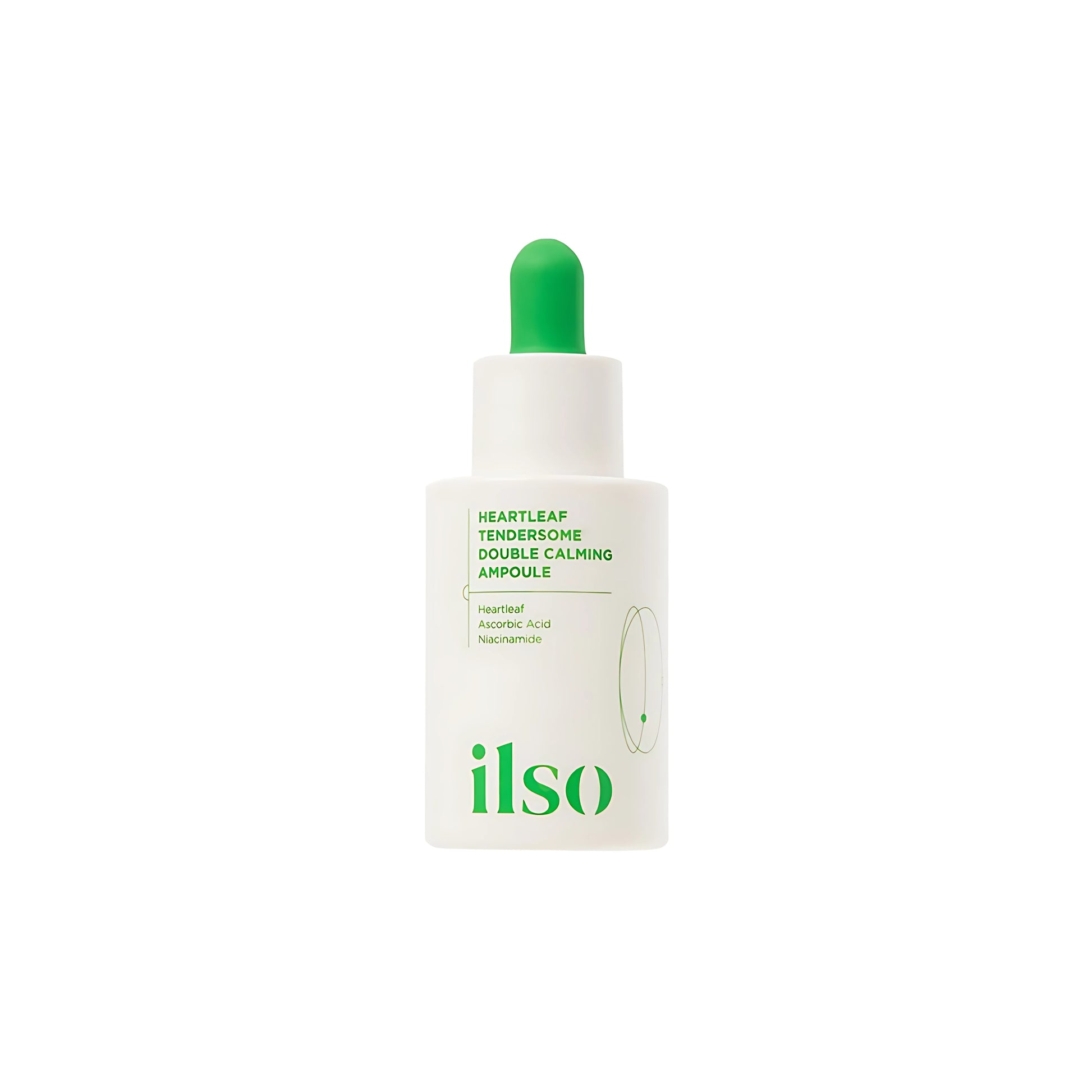 ILSO Heartleaf Tendersome Double Calming Ampoule 30ml, clear bottle with dropper, showcasing soothing skincare product.
