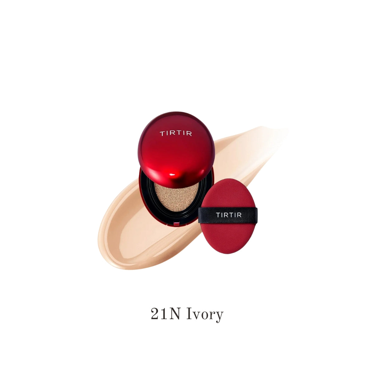 TIRTIR Mask Fit Red Mini Cushion foundation compact with a sleek red design, open to show the cushion inside.