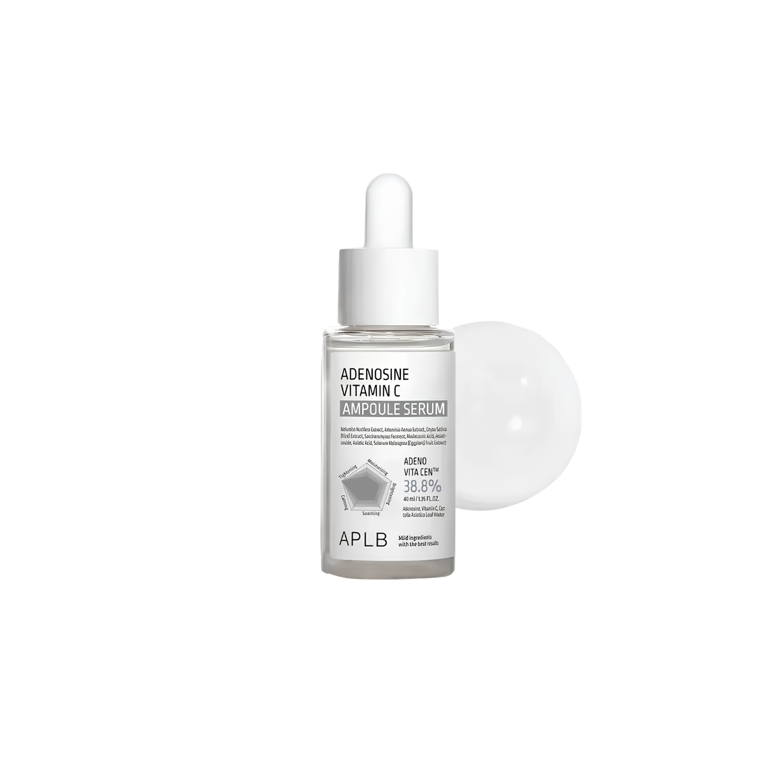 Adenosine Vitamin C serum in a 40ml bottle from APLB, showcasing the clear serum inside a sleek pump bottle.