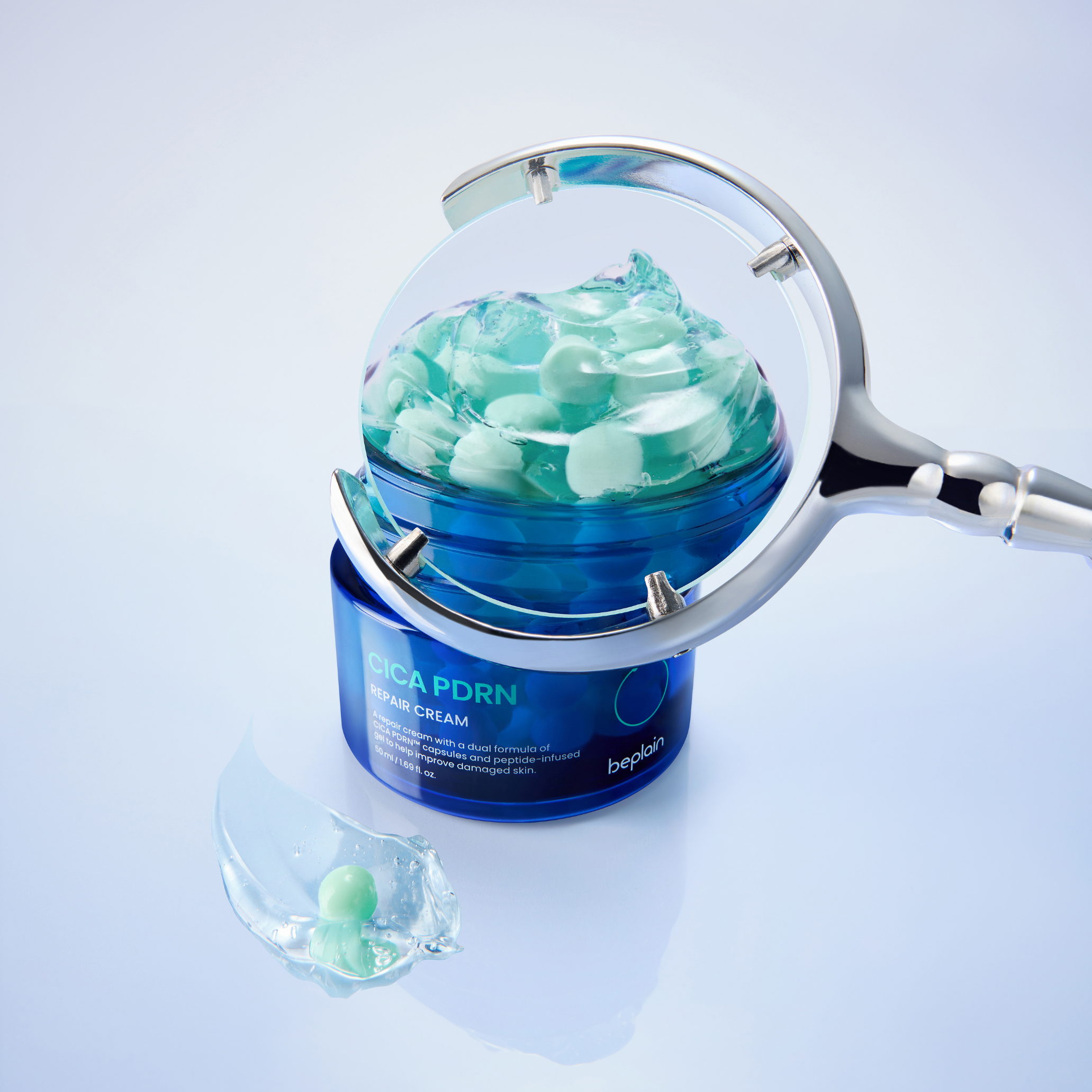 Beplain CICA PDRN Repair Cream in 50ml jar, a face moisturizer with soothing and healing properties, with a white cream texture.