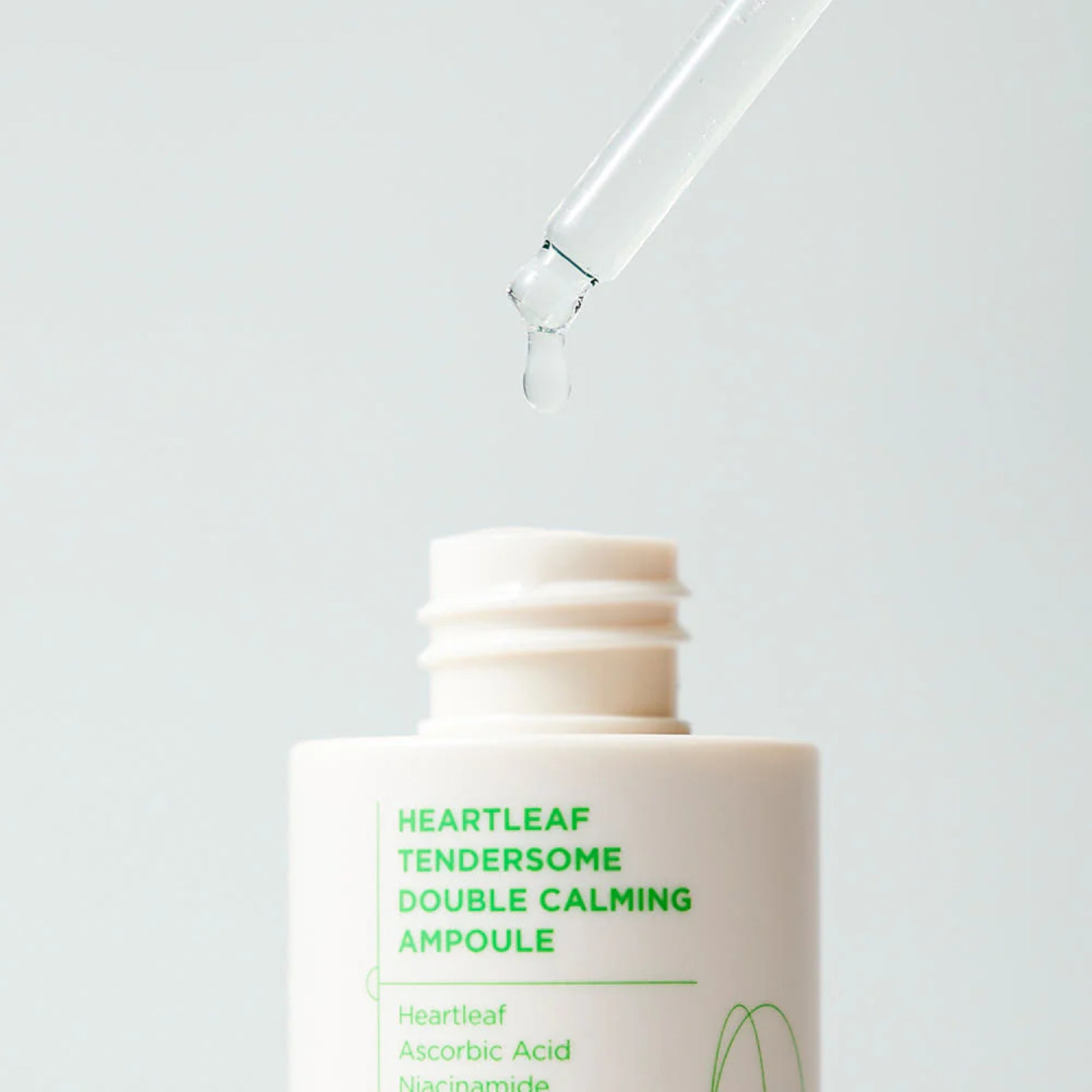 Heartleaf Tendersome Double Calming Ampoule by ILSO, 30ml bottle with dropper cap for soothing skin care.