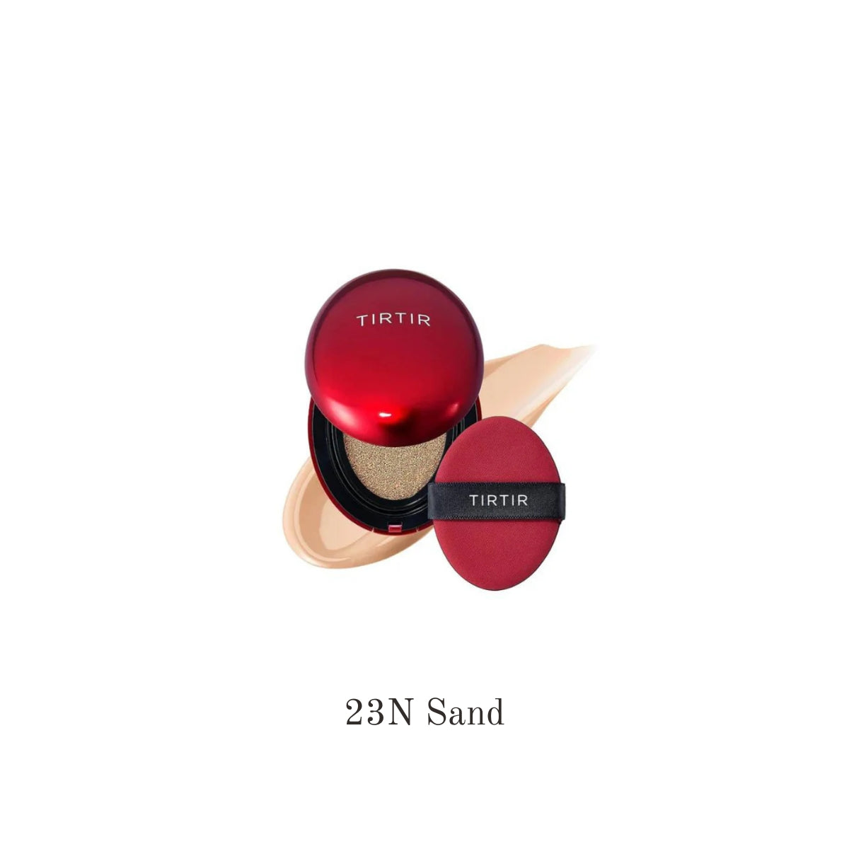 TIRTIR Mask Fit Red Mini Cushion foundation compact with a sleek red case and open lid showing the cushion inside.