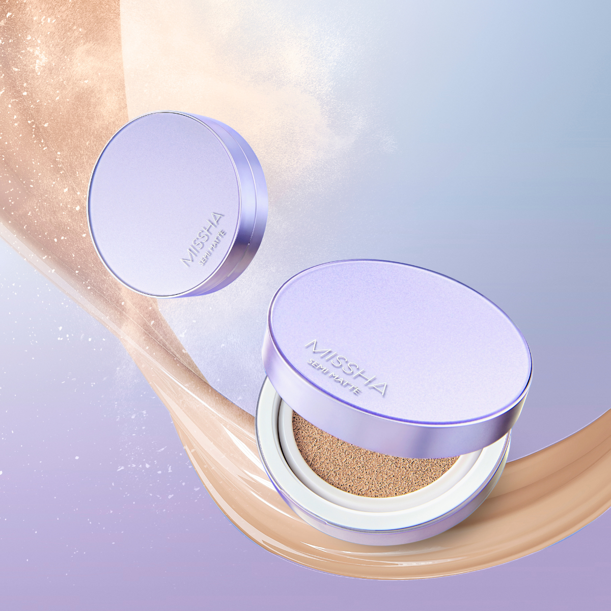 Missha Layering Fit Cushion Semimatte foundation in four shades, featuring compact cushion with smooth, semi-matte finish.