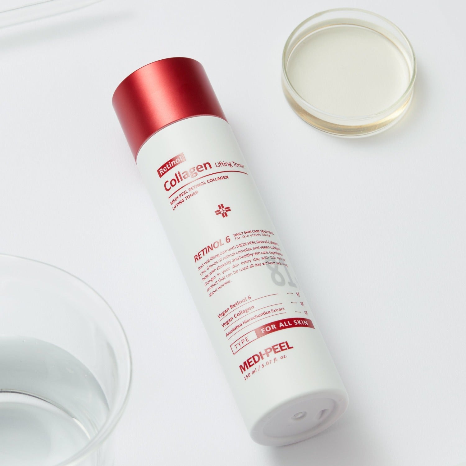 MEDIPEEL+ Retinol Collagen Lifting Toner 150ml bottle with clear label and cap, designed for skincare and facial toning.