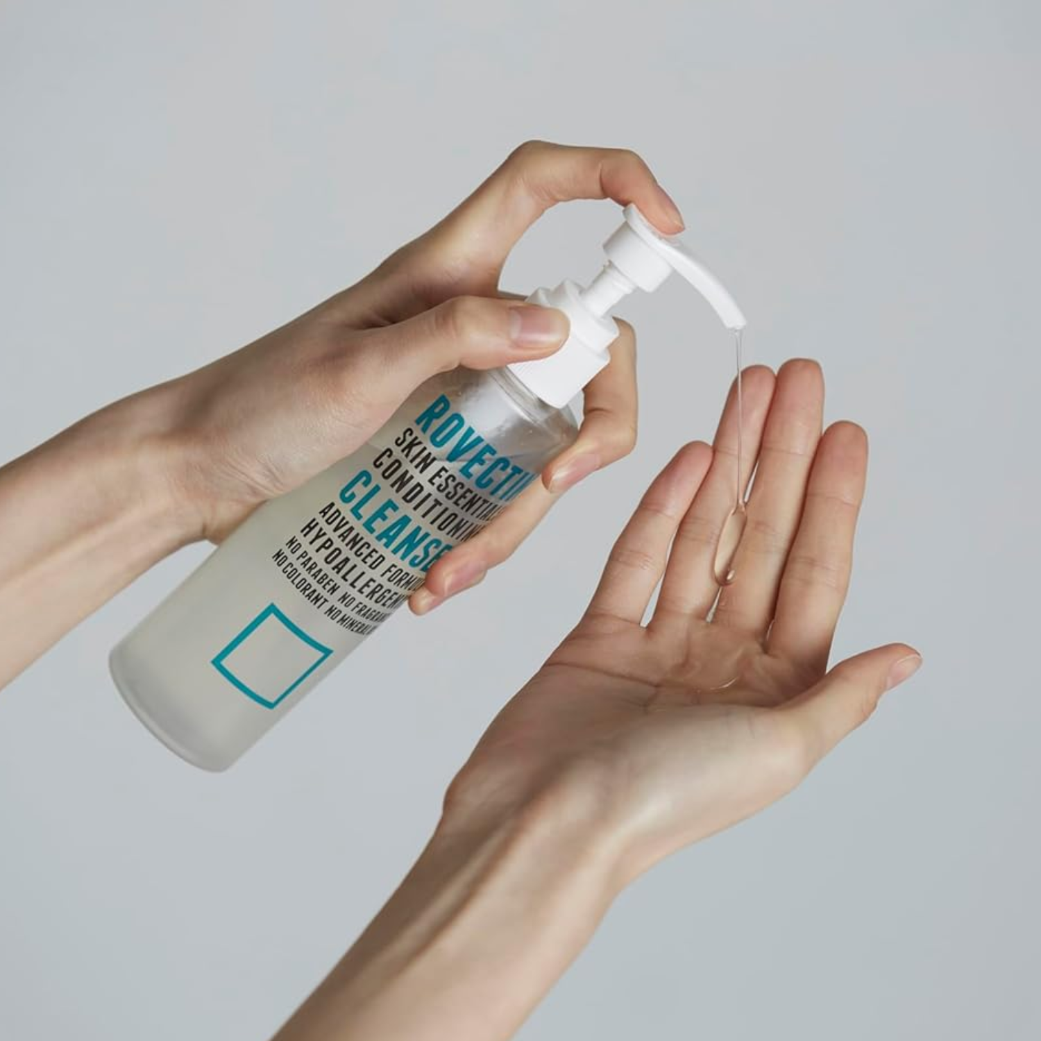 Rovectin Skin Essentials Conditioning Cleanser gel and foam, 175ml bottle with clear label and white cap.