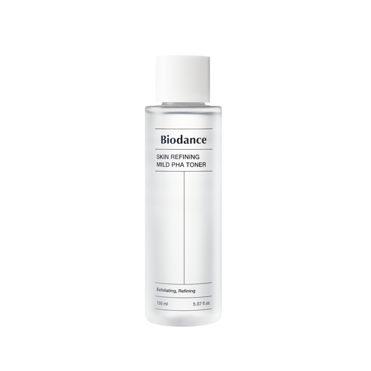 Biodance Refining Mild PHA Toner in 150ml bottle, showing clear liquid and label with branding and product details.