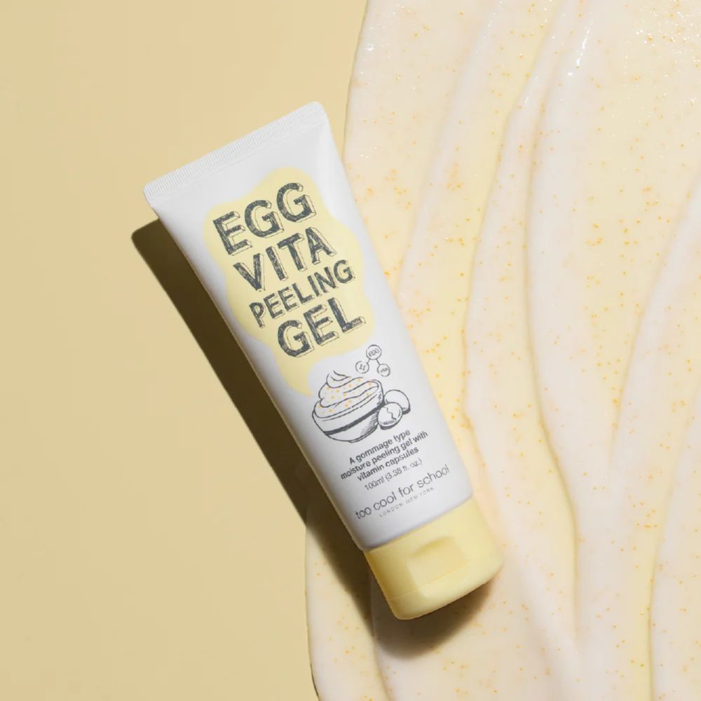 Too Cool For School Egg Vita Peeling Gel 100ml exfoliant with natural egg extract for gentle skin exfoliation and renewal.
