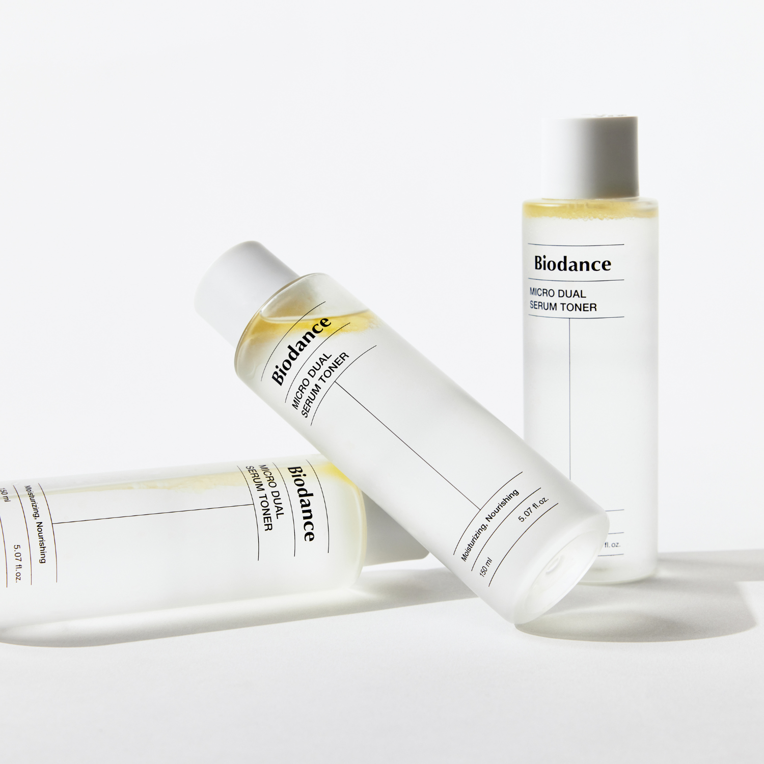 Biodance Micro Dual Serum Toner 150ml bottle with clear liquid and label, designed for skincare and hydration.