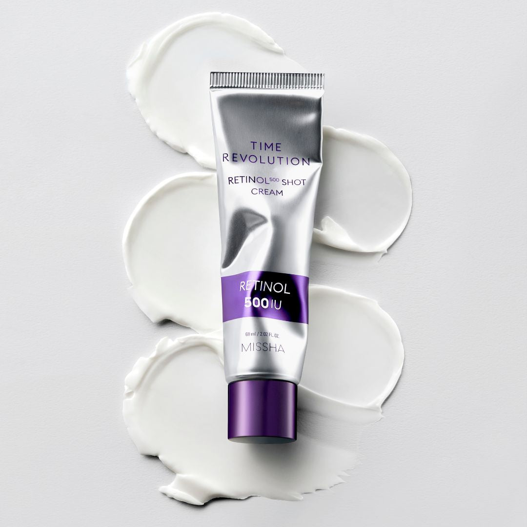 Missha Time Revolution Retinol 500 Shot Cream 60ml face moisturizer jar with a sleek white and gold design.