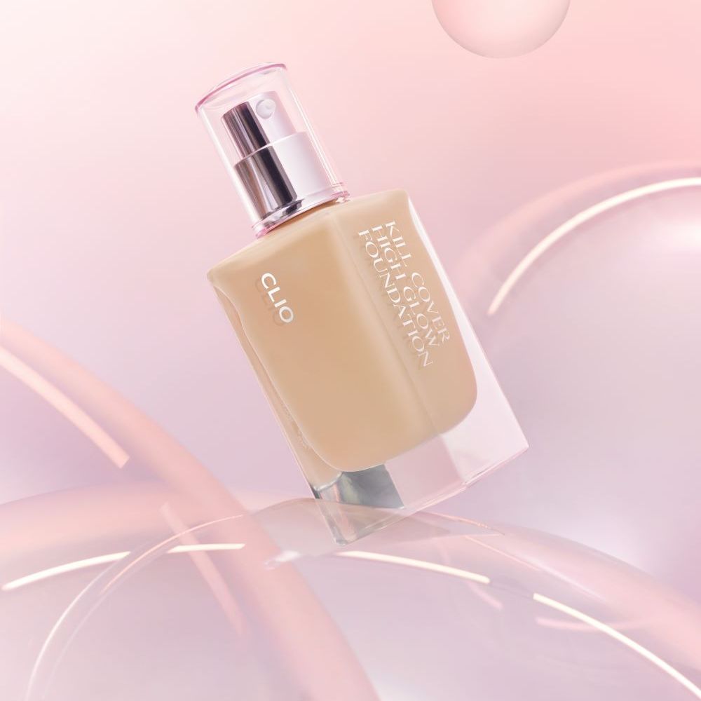 Clio Kill Cover High Glow Liquid Foundation 38g bottle with a sleek black cap and clear label, showcasing radiant skin.