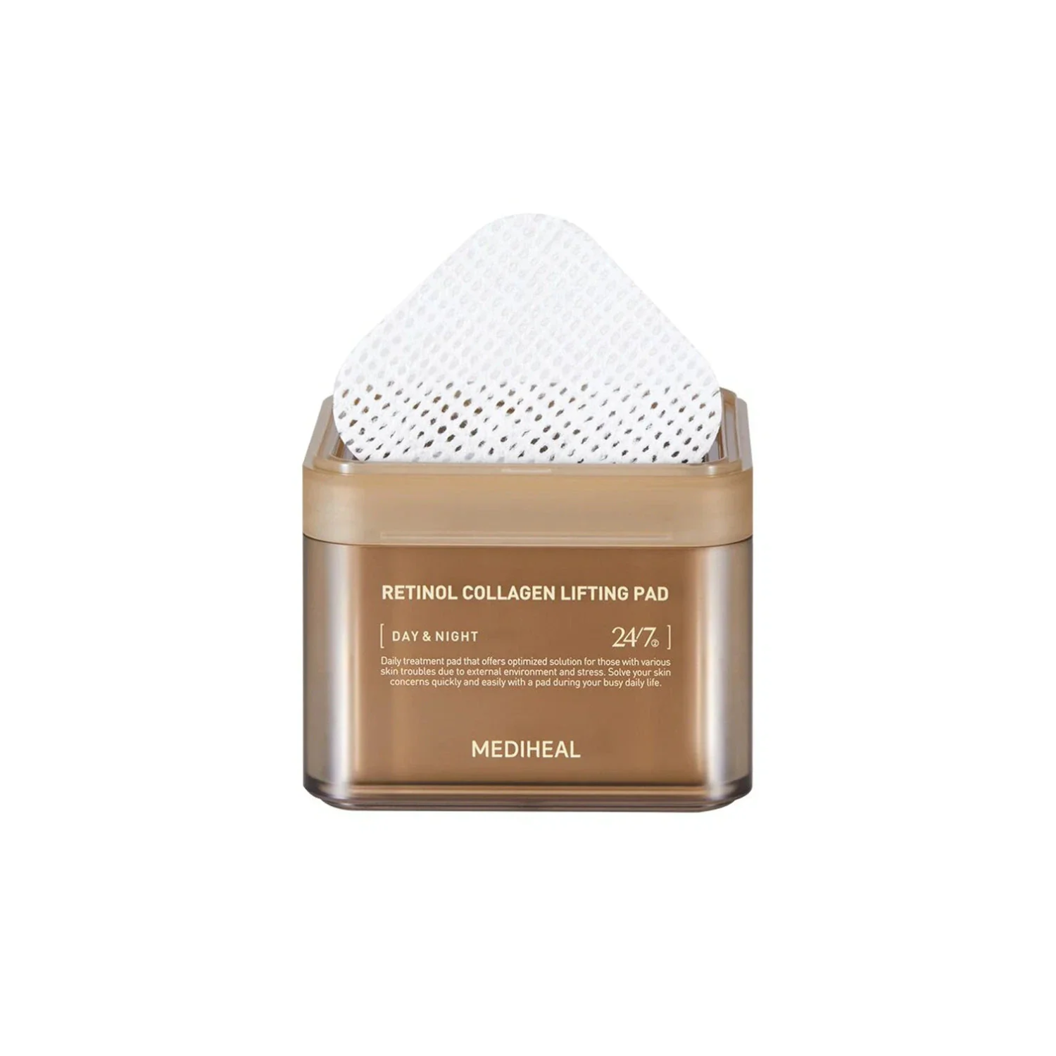 Mediheal Retinol Collagen Lifting Toner Pads, 100pcs, showing individual skincare pads with retinol and collagen ingredients