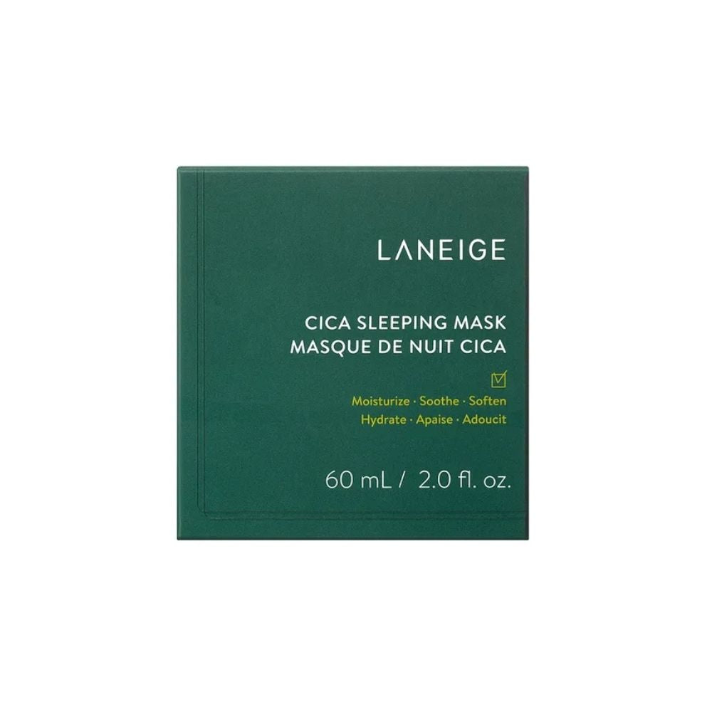 Laneige Cica Sleeping Mask 60ml, soothing leave-on skincare mask in a white jar with a blue lid.