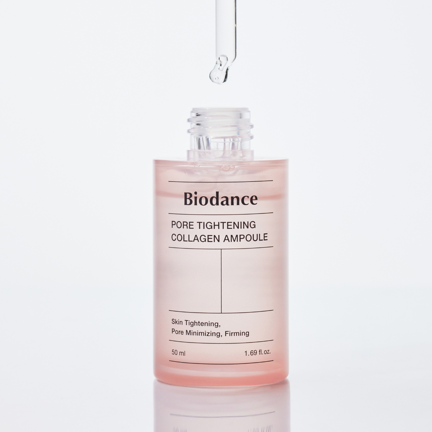 Biodance pore tightening collagen ampoule bottle with 50ml capacity, featuring clear liquid inside, designed for skincare.