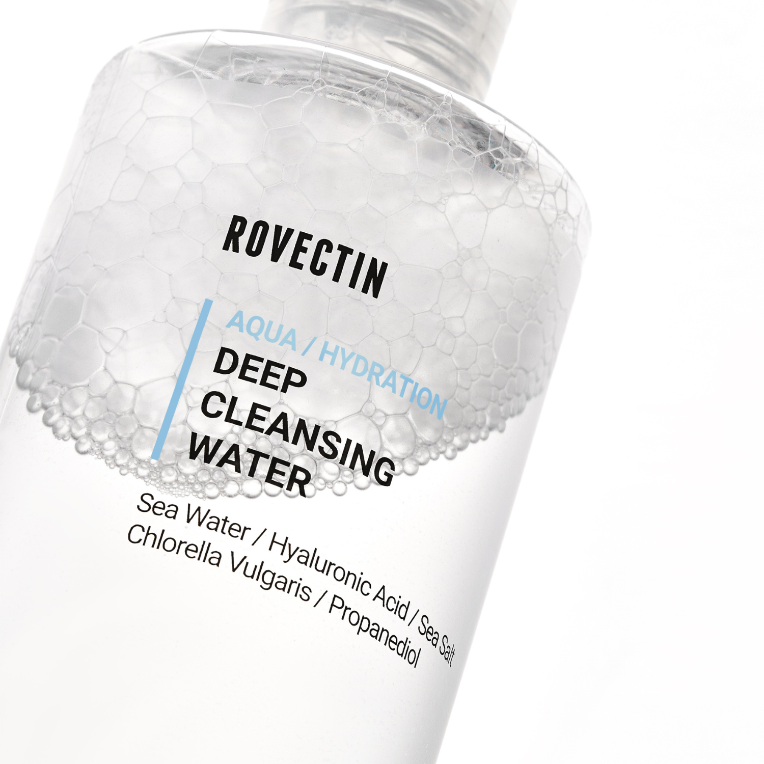 Rovectin Aqua Deep Cleansing Water 400ml gel and foam cleanser in clear bottle with blue label, suitable for deep pore cleansing.