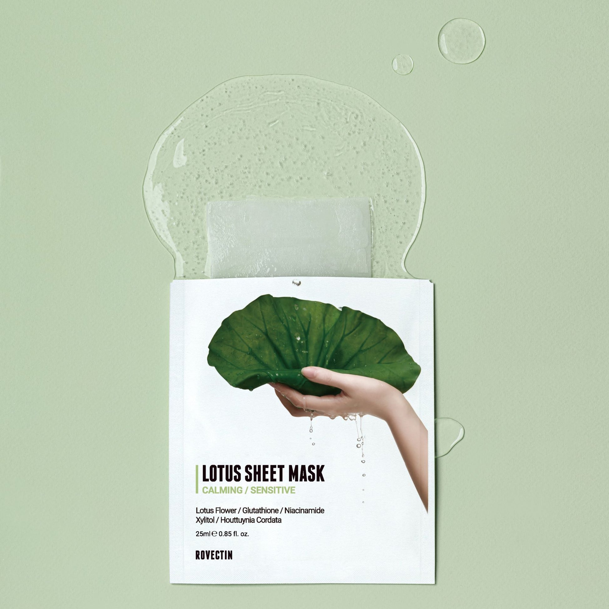 Rovectin Calming Lotus Sheet Mask set with five hydrating masks featuring soothing lotus extracts, designed for gentle skincare.