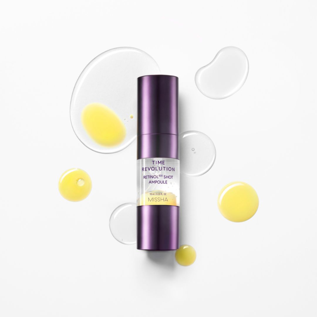 Missha Time Revolution Retinol 500 Shot Ampoule 10ml, clear glass bottle with dropper for skincare treatment.