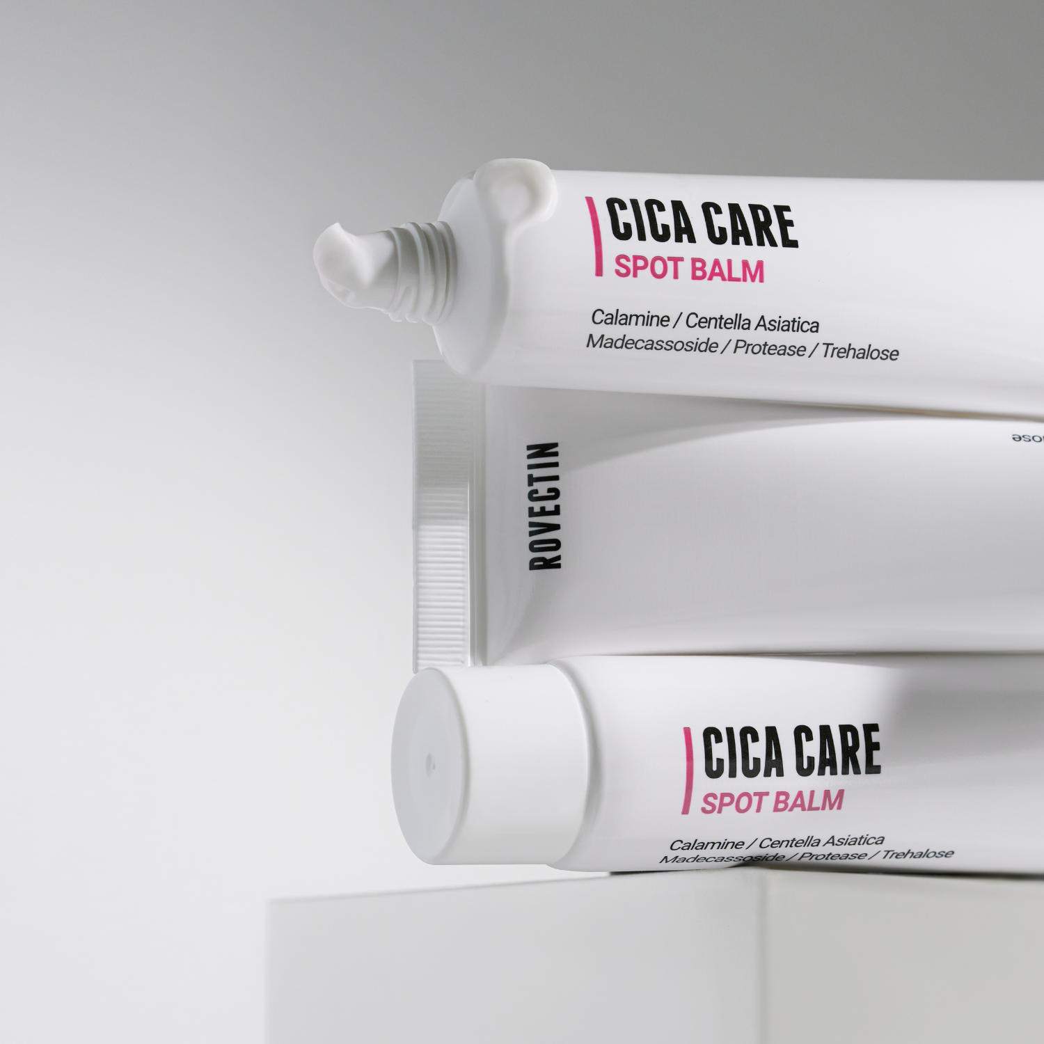 Rovectin Cica Care Spot Balm 40ml face moisturizer in a white tube with green accents, designed for soothing skin.
