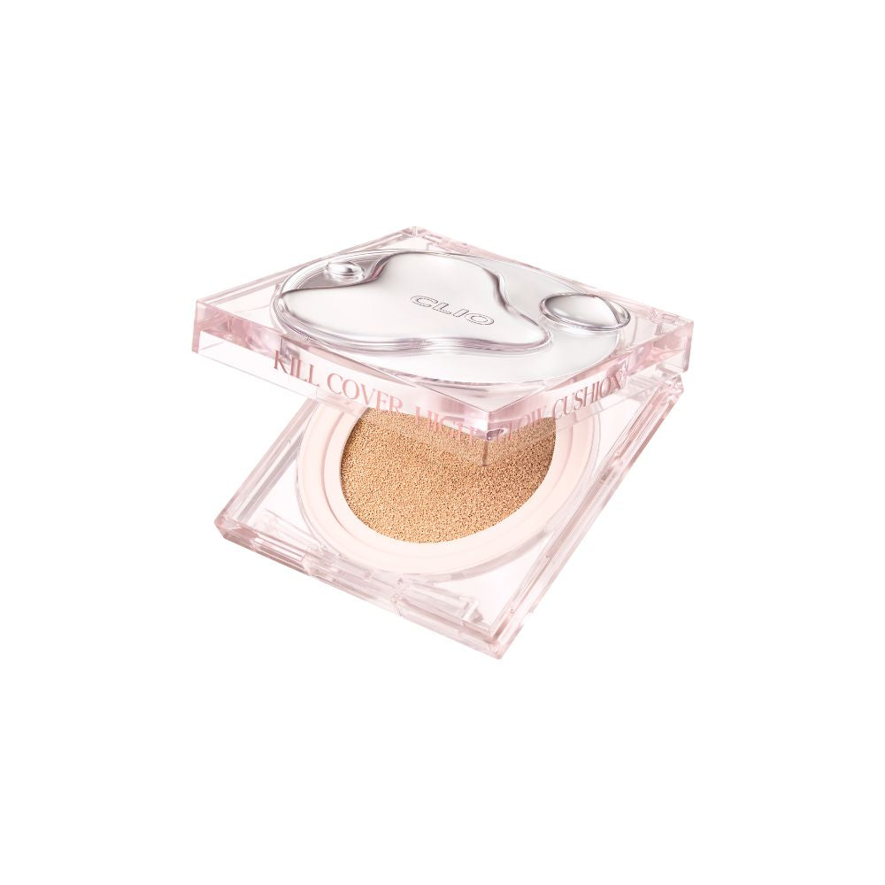 Clio Kill Cover High Glow Cushion Foundation with refill in three shades, showing the cushion compact and open refill packaging.