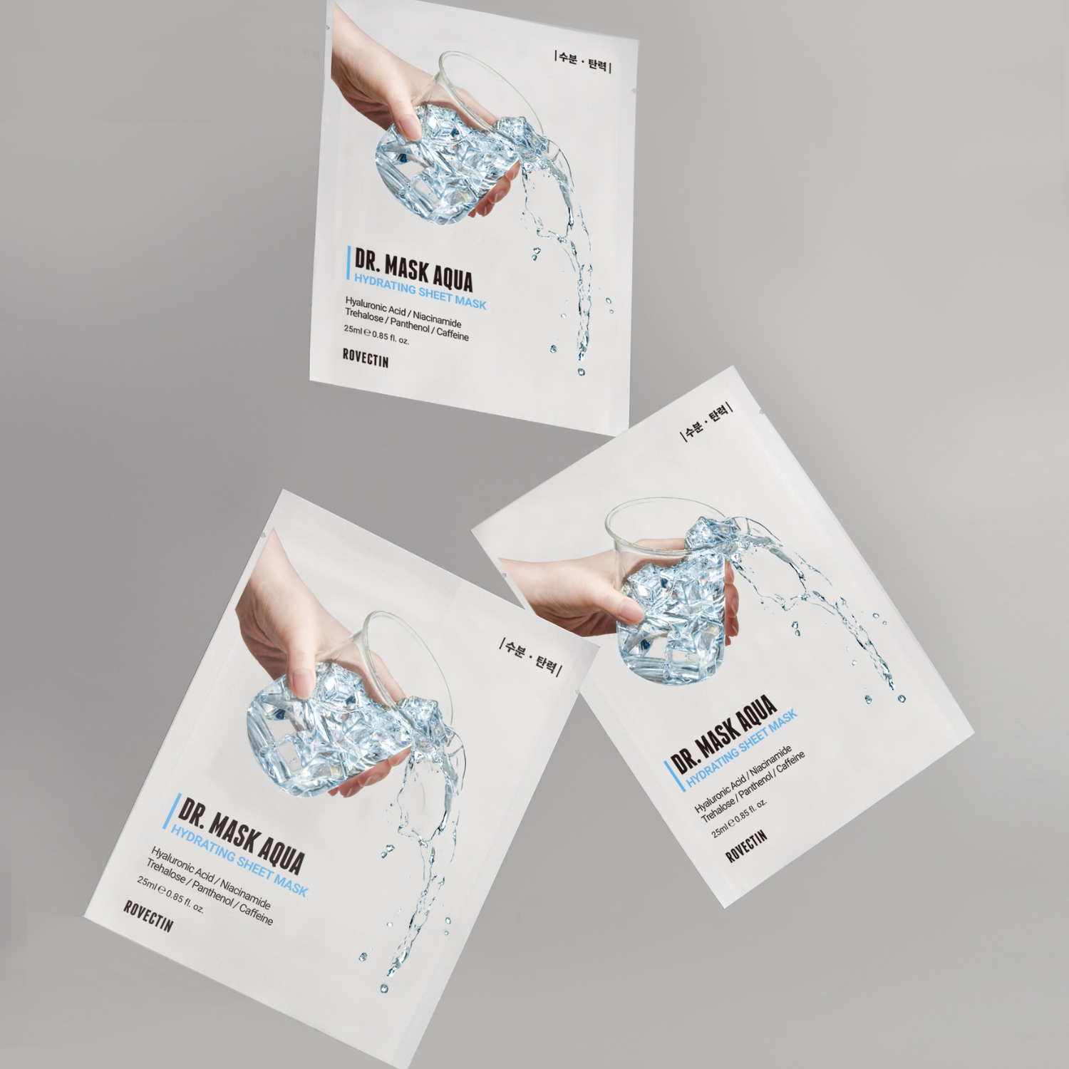 Rovectin Dr. Mask Aqua Box sheet masks, 5-piece set featuring hydrating sheet masks with soothing ingredients.