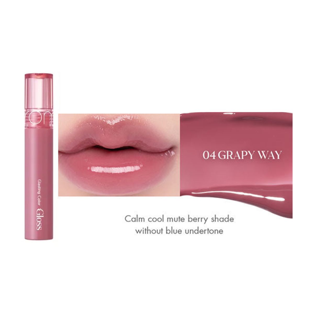 Rom&nd Glasting Color Gloss lip gloss in 8 vibrant shades, shown in clear tubes with glossy finish and colorful caps.