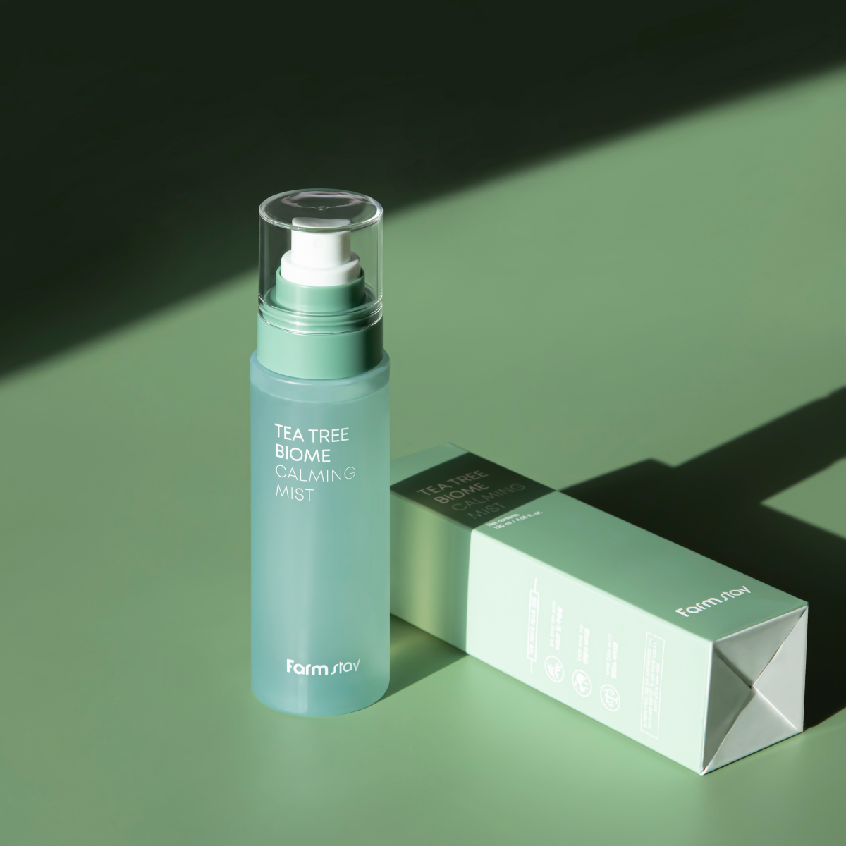 Farmstay Tea Tree Biome Calming Mist 120ml, a facial spray with tea tree extract for soothing and refreshing skin.