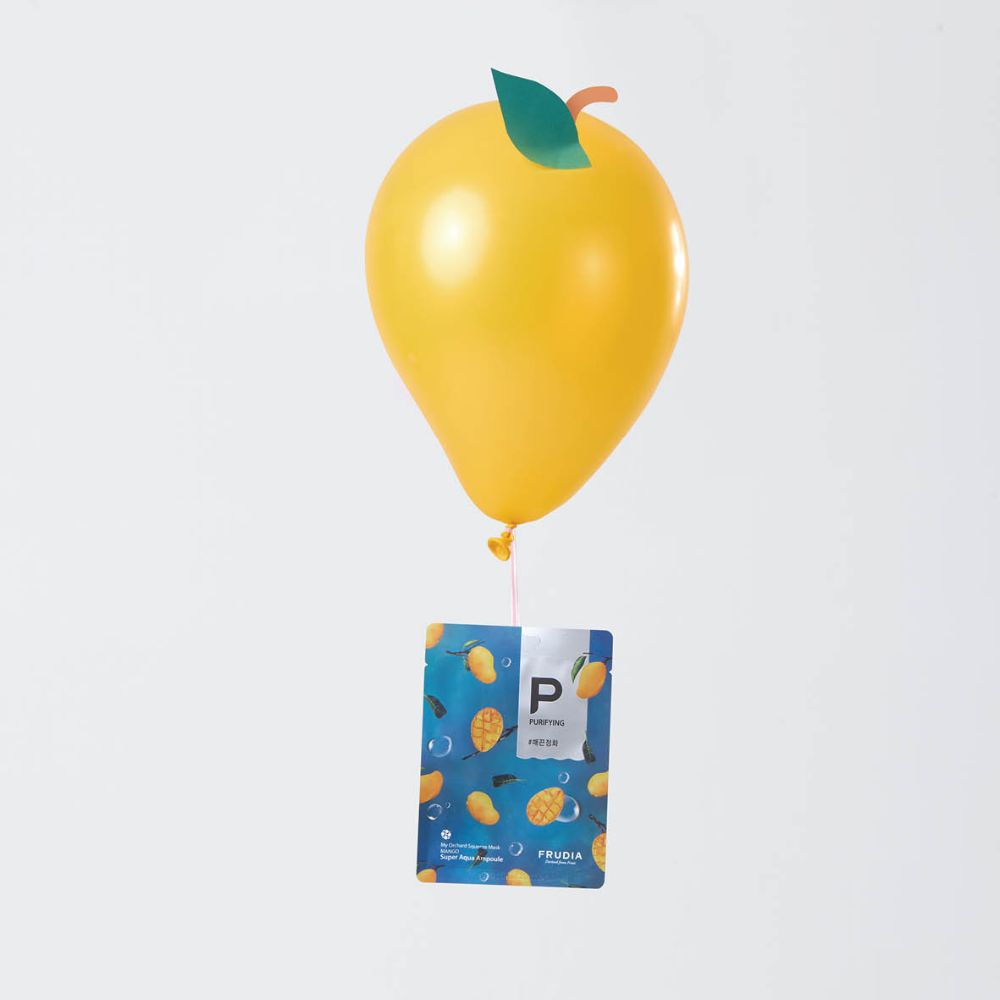 Frudia My Orchard Squeeze Mango vegan sheet mask showing a bright, fruit-themed packaging with a mango illustration.