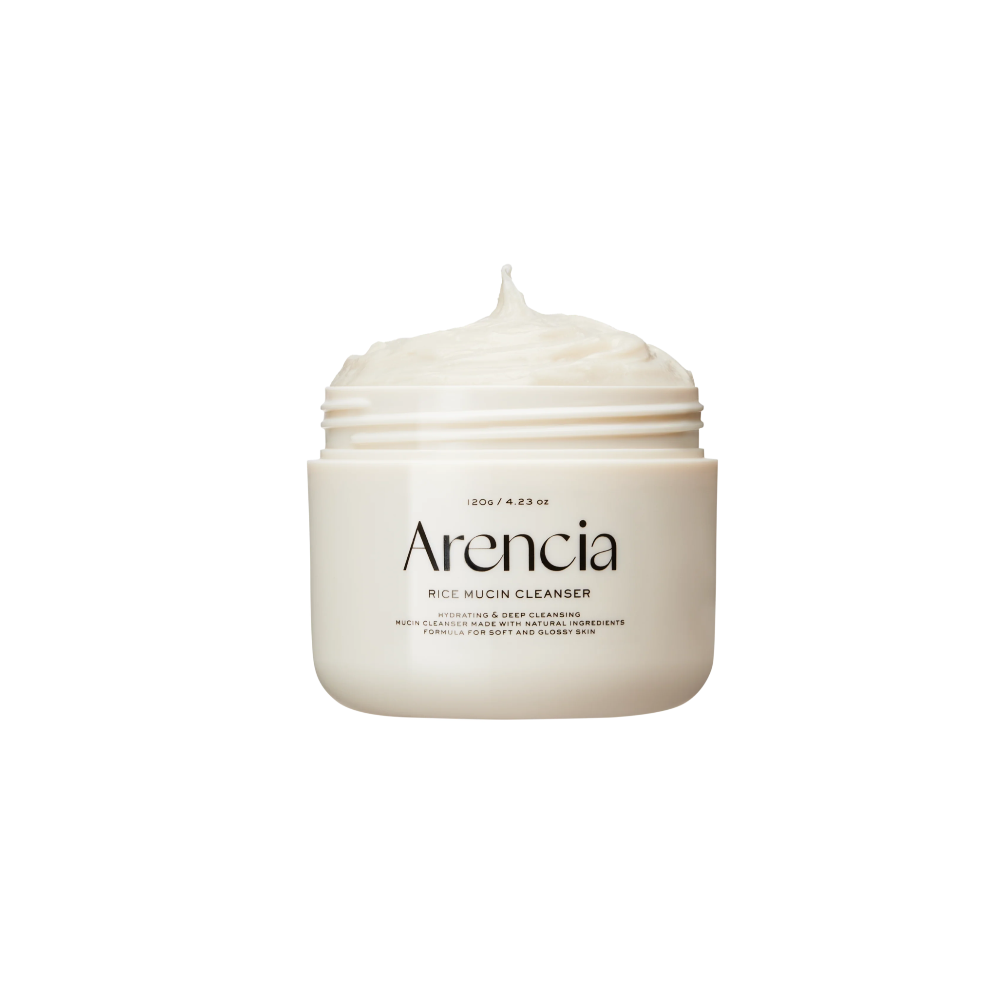 Arencia Rice Mucin Cleanser gel and foam, 120g, with a soft, foaming texture and rice mucin ingredients for gentle skincare.