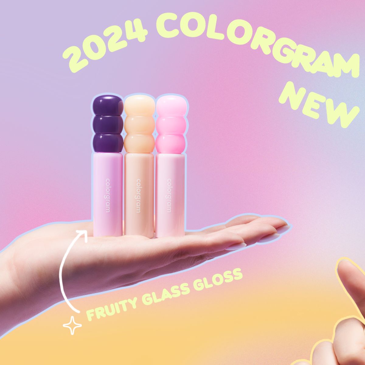 Colorgram Fruity Glass Gloss lip tint in a clear glass container with a vibrant, fruity-colored tint visible.