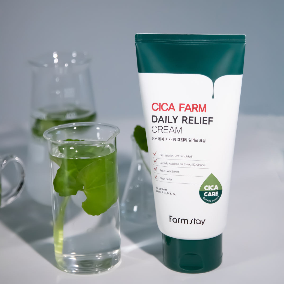 Farmstay Cica Farm Daily Relief Cream face moisturizer in a 300ml jar, featuring soothing ingredients and a gentle, hydrating formula.
